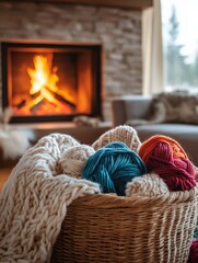 Cozy Living Room with Fireplace and Basket of Colorful Yarn for Knitting on a Winter Day