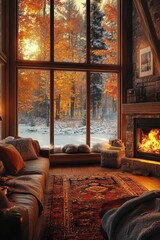 Cozy Living Room with Fireplace and Large Windows Overlooking Autumn Forest with Snow