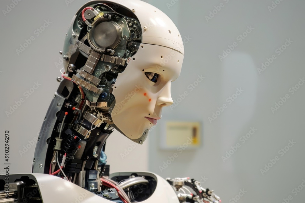 Poster a robotic figure with advanced technology, depicting the future of artificial intelligence, robotics