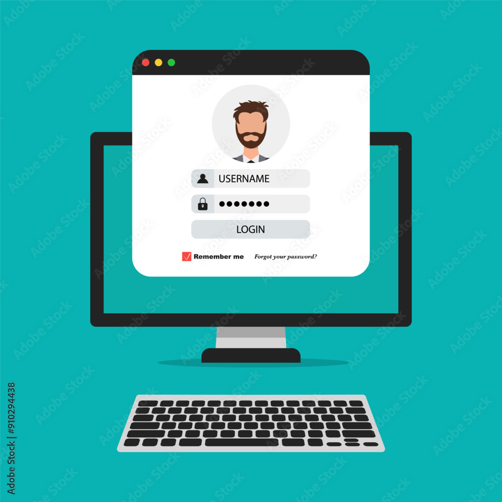 Poster Login frame on device screen in a flat design. Verification login message on device screen