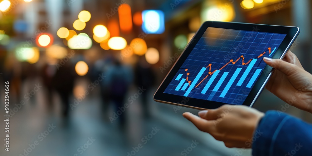 Poster hands using tablet to analyze data with a city background