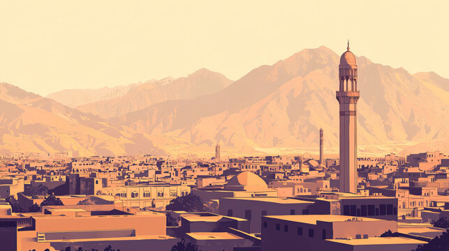 Risograph current riso print travel poster, card, wallpaper or banner illustration, modern, isolated, clear, simple of Quetta, Pakistan. Artistic, screen printing, stencil