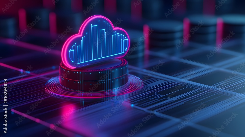 Poster futuristic cloud computing concept with neon lights, representing digital data storage and modern te