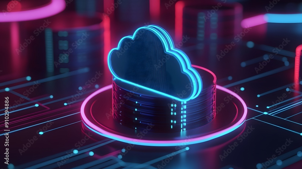 Poster futuristic cloud computing concept with neon lights, symbolizing data storage and digital transforma