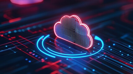 Futuristic cloud computing concept with neon lights. Digital data and information storage in a virtual cloud environment. Tech innovation.