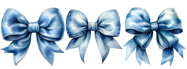 Ribbon bow illustration isolated on transparent background, blue watercolor bows png