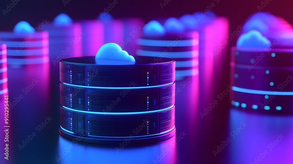 Poster futuristic cloud computing data storage concept with glowing neon lights and cloud icons on server s