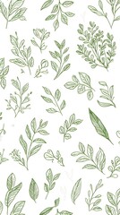 Vintage of Green Leafy Plants and Botanical Pattern