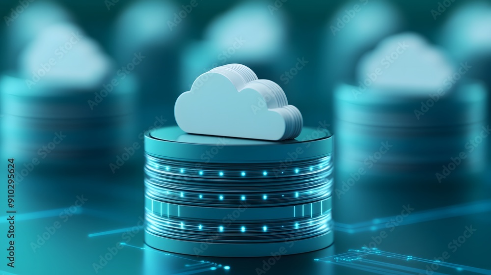 Poster futuristic cloud computing data storage visualization with glowing server stacks and abstract techno
