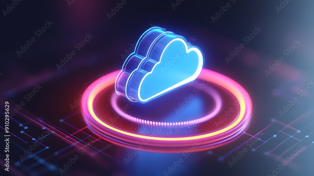 Poster futuristic cloud computing digital concept with neon lights and a glowing cloud symbol on a dark bac