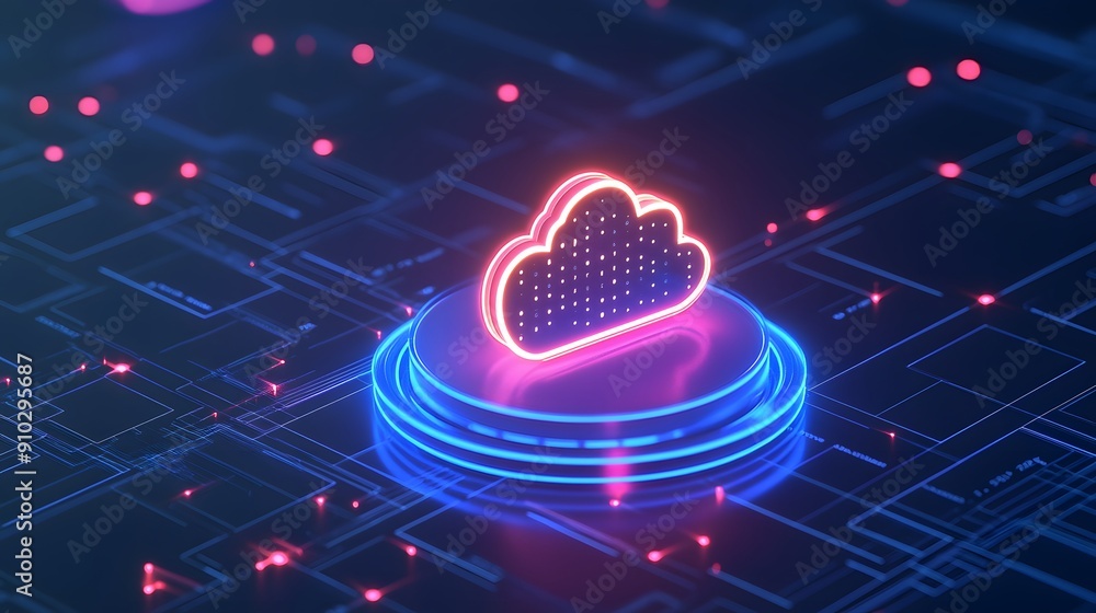 Poster futuristic cloud computing icon in neon lights on a digital network background, representing online 