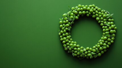 Obraz premium Green peas arranged in a wreath shape on a green background.