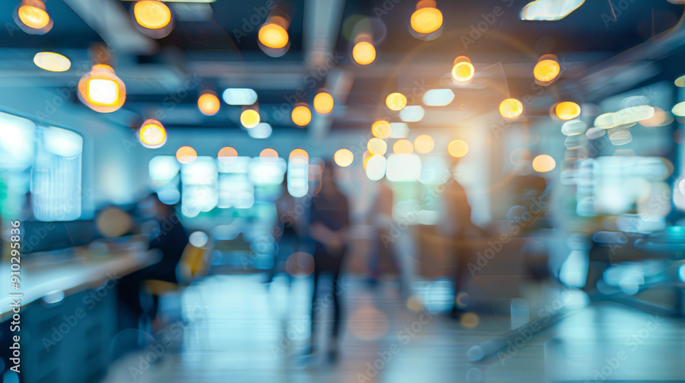 Poster blurred office space with warm lights. abstract bokeh background image of a bright, modern office wo