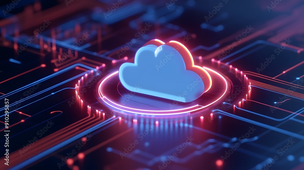 Poster futuristic cloud computing illustration with a glowing cloud icon on a high-tech circuit board backg