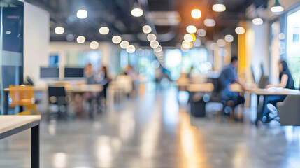 Fototapeta premium Blurred office space interior design. A blurred image of an office setting. The image is shot from a low angle, and the focus is on the desks and chairs in the background.