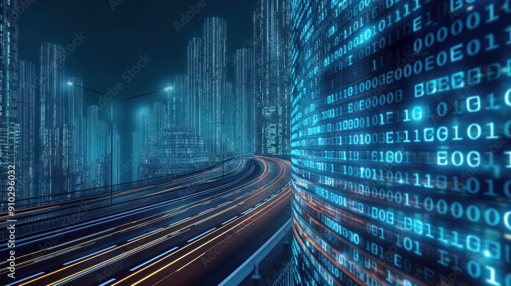 Poster abstract highway path through digital binary towers in cityscape. hyperloop transportation concept w
