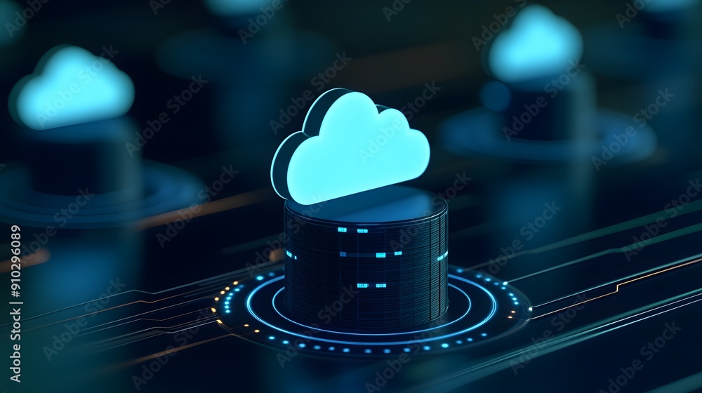Poster futuristic cloud computing network concept with digital data storage and technology infrastructure, 