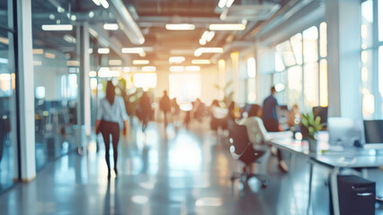 Blurred office space with workers. Abstract view of a bustling office space with workers going about their day. The image is intentionally blurred to create a sense of movement and activity.