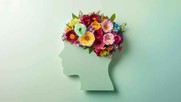 Human Head Silhouette with Colorful Flowers Symbolizing Mental Health and Brain Activity