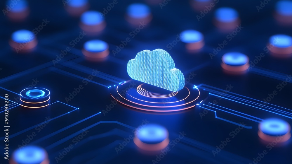Poster futuristic cloud computing network with neon blue lights, showcasing digital connections and data in