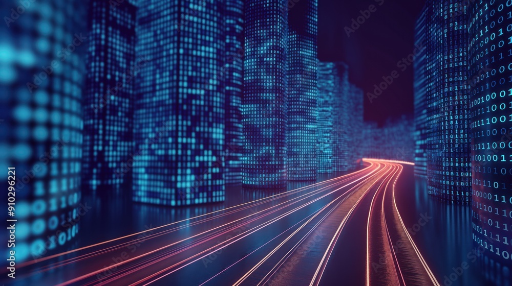 Poster abstract highway path through digital binary towers in cityscape. futuristic concept of big data, ma