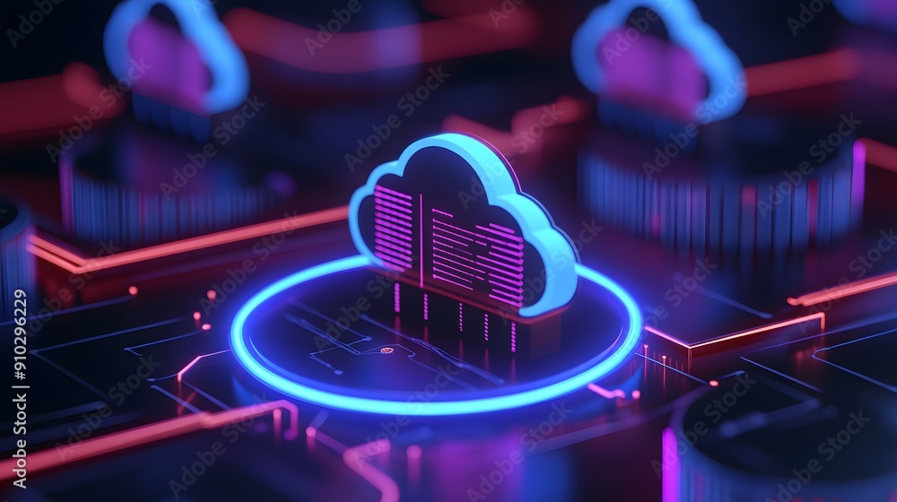 Poster futuristic cloud computing network with neon lights illustrating data storage and digital technology