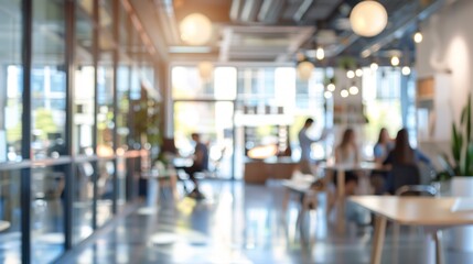 Blurred cafe interior with people. Abstract interior design of a modern cafe with people sitting and talking. The cafe is filled with natural light and has a warm and inviting atmosphere.