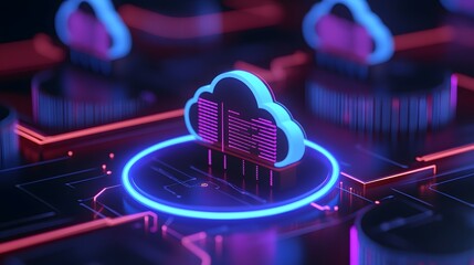 Futuristic cloud computing network with neon lights illustrating data storage and digital technology infrastructure.