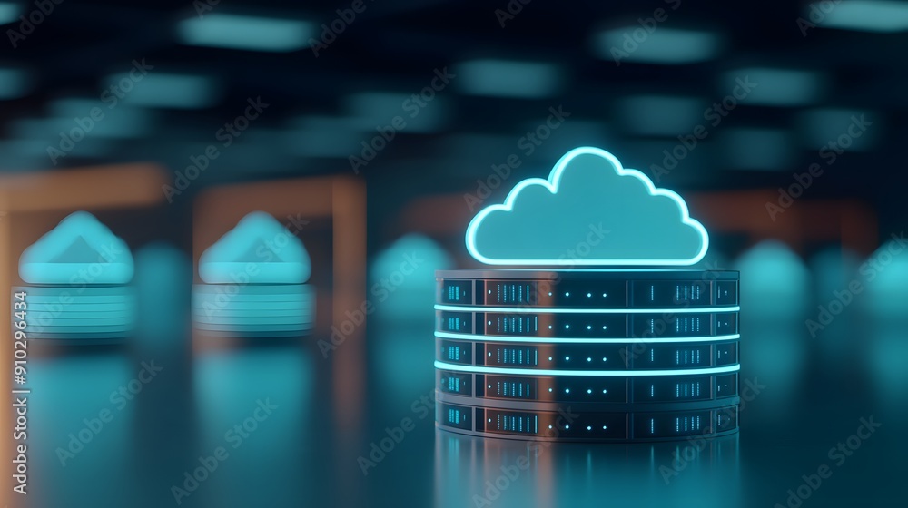 Poster futuristic cloud computing server room with neon lights and glowing network infrastructure. high-tec