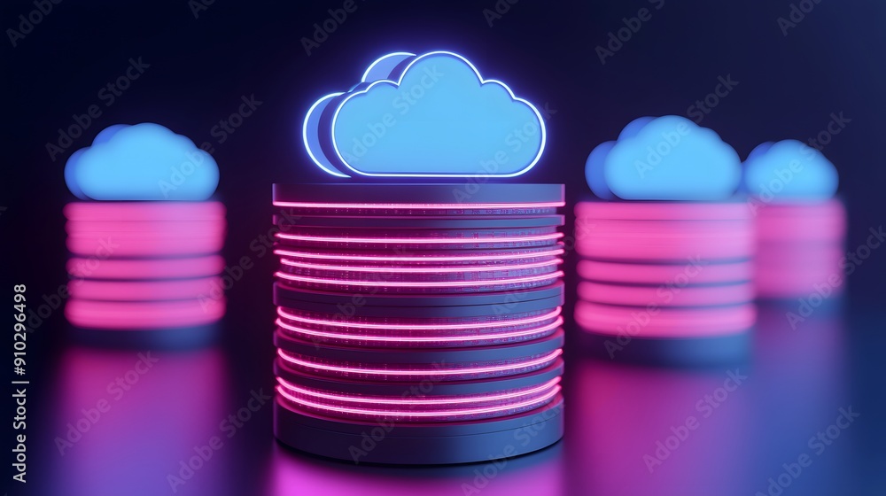 Poster futuristic cloud computing server with neon lights, representing data storage, technology, and digit