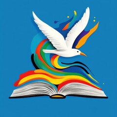 Fototapeta premium Vibrant colors and freedom emerge from an open book under a bright blue sky