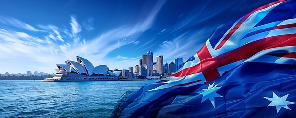 The Sydney Opera House with an Australian flag backdrop in Sydney