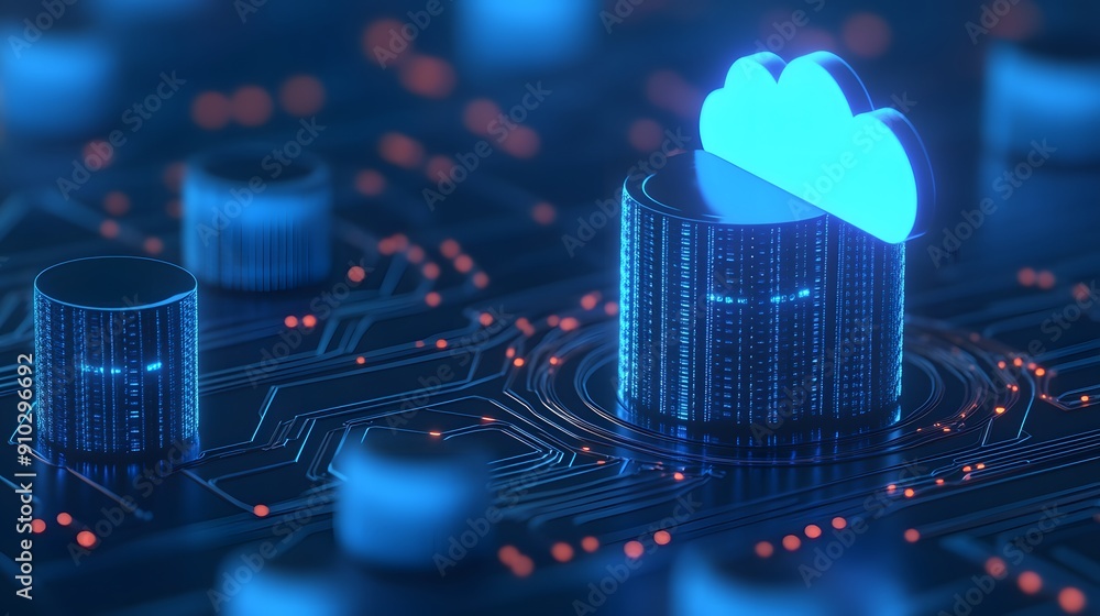 Poster futuristic cloud computing technology concept. digital data storage symbol with glowing blue cloud o