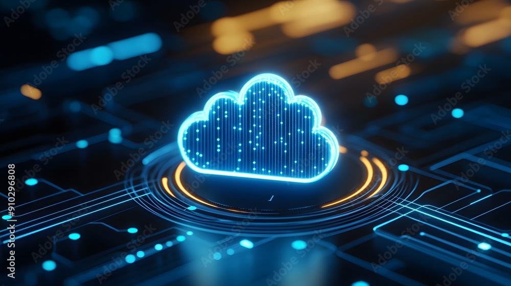 Poster futuristic cloud computing technology concept showcasing glowing cloud with digital circuits and dat