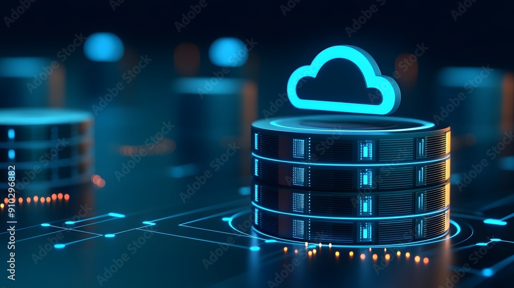 Poster futuristic cloud computing technology concept. digital server stack with glowing cloud icon for data
