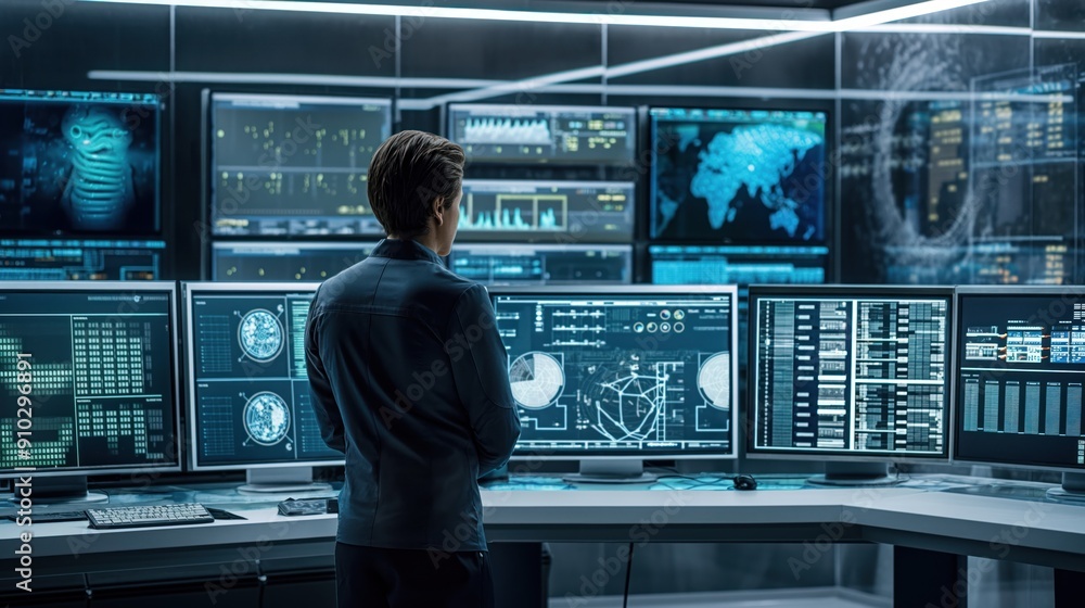 Poster technical operator stands in control room monitoring various activities on multiple displays with gr