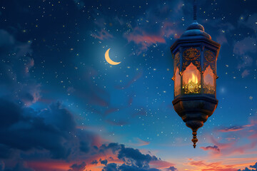 Obraz premium Lanterns with Moon and Stars: Celestial Ramadan Night with Glowing Festive Decor