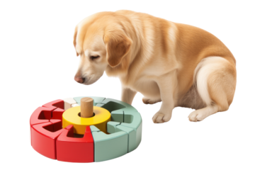 puzzle feeder toy that can be adjusted to different difficulty levels, catering to dogs of all ages and abilities. Isolated on white background