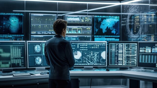 Technical operator stands in control room monitoring various activities on multiple displays with graphics. Administrator oversees work of artificial intelligence systems. - Powered by Adobe
