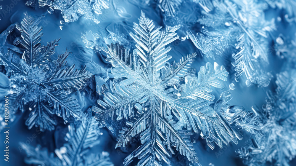 Poster a close up of a snowflake with a blue background