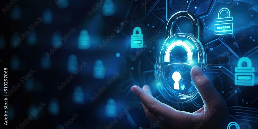 Poster close-up of a shield lock icon in hand displaying a warning message about virus attack protection. a