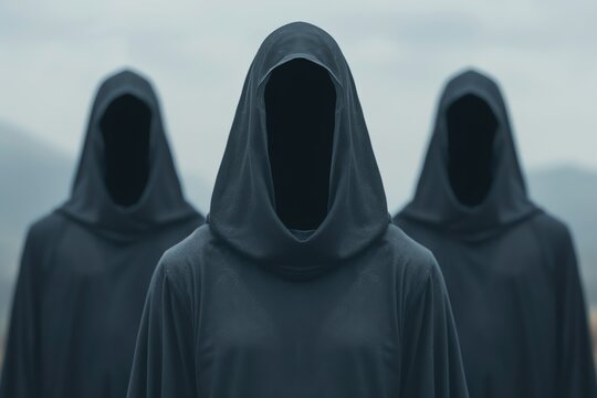 Sinister occult ritual, dark robed figures, aura of terror, eerie and mysterious