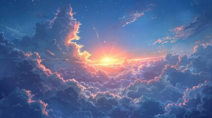  Include a radiant sun casting a warm glow, fluffy and whimsical clouds floating gently, and additional elements such as birds soaring, a distant rainbow.