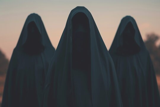 Sinister occult ritual, dark robed figures, aura of terror, eerie and mysterious - Powered by Adobe