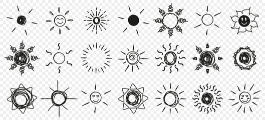 Sun icon collection. Set of abstract sun icons in hand drawing style. Sun sign collection