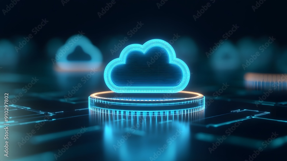 Poster futuristic cloud computing technology concept with glowing cloud icon and digital circuits in a dark