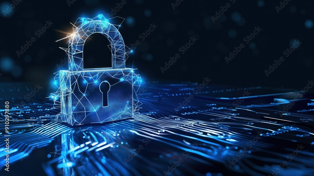 Poster digital padlock protects sensitive data from unauthorized access cyber threats malicious activities.