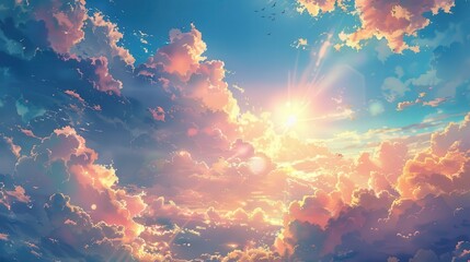  Include a radiant sun casting a warm glow, fluffy and whimsical clouds floating gently, and additional elements such as birds soaring, a distant rainbow.