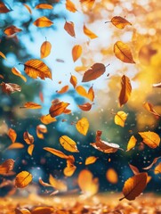 Vibrant Autumn Leaves Falling in Sunlit Forest with Blue Sky Background Capturing the Essence of Fall Season