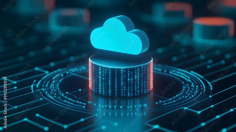 Poster futuristic cloud computing technology concept with glowing data storage servers and digital connecti